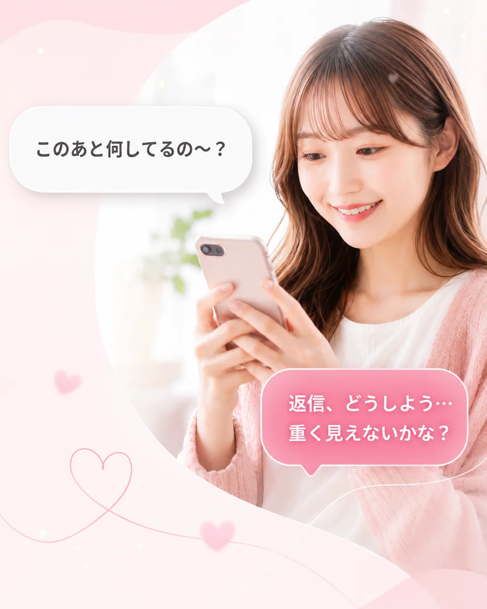 スマホを見ながら返信に迷う女性と、会話の吹き出しのイメージ