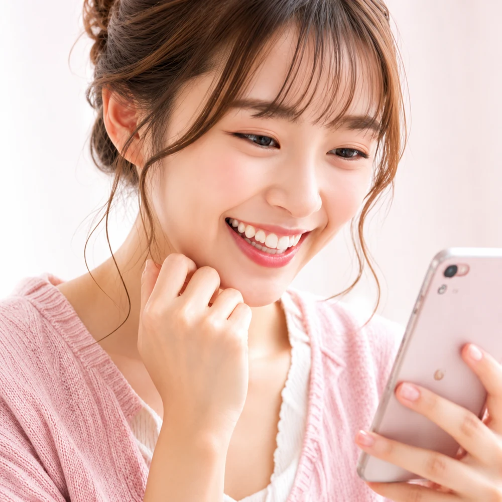 スマートフォンを見て笑顔になる女性
